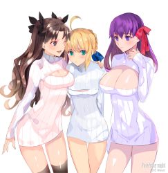Rule 34 | 10s, 2015, 3girls, ;d, ahoge, artoria pendragon (fate), astarone, black legwear, blonde hair, blue eyes, blush, braid, breast envy, breasts, brown hair, cleavage, cleavage cutout, clothing cutout, dress, fate/stay night, fate (series), girl sandwich, green eyes, hair ribbon, large breasts, long hair, looking at viewer, matou sakura, meme attire, multiple girls, one eye closed, open-chest sweater, open mouth, purple eyes, purple hair, ribbed sweater, ribbon, saber (fate), sandwiched, small breasts, smile, standing, sweater, sweater dress, thighhighs, tohsaka rin, turtleneck, twintails, two side up