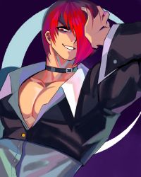Rule 34 | 1boy, choker, denaseey, hair over one eye, hand in own hair, hand on own head, highres, jacket, jewelry, laughing, male focus, moon, open mouth, pectoral cleavage, pectorals, purple background, red eyes, red hair, shirt, short hair, smile, snk, solo, the king of fighters, the king of fighters &#039;95, yagami iori