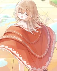 Rule 34 | 1girl, :d, blush, braid, brown cloak, cloak, closed eyes, day, facing viewer, hair between eyes, layered clothes, light brown hair, long hair, open mouth, original, outdoors, puddle, reflection, smile, solo, standing, water, yuuhagi (amaretto-no-natsu)