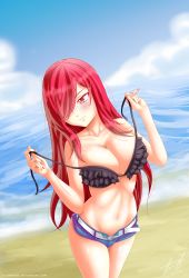 Rule 34 | 1girl, absurdres, beach, blush, breasts, cleavage, erza scarlet, fairy tail, highres, large breasts, long hair, oceanleaves, red eyes, red hair, shorts, smile, solo, standing, swimsuit