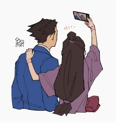 Rule 34 | 1boy, 1girl, ace attorney, arm up, black hair, blue jacket, cellphone, cropped torso, dated, erm nkcn, facing away, half updo, hand on another&#039;s shoulder, hand up, highres, holding, holding phone, jacket, long hair, long sleeves, maya fey, phoenix wright, phone, purple jacket, selfie, short hair, signature, smartphone, spiked hair