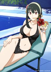 Rule 34 | 1girl, beach chair, bikini, black bikini, black hair, breasts, cocktail glass, collarbone, crazy straw, cup, drinking glass, drinking straw, drinking straw in mouth, flower, hair flower, hair ornament, hairband, hibiscus, holding, holding cup, large breasts, lying, mio-morimitsu, navel, on side, pool, red eyes, red flower, solo, spy x family, stomach, swimsuit, twisted torso, water, white hairband, yor briar