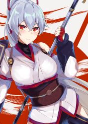 Rule 34 | 1girl, absurdres, detached sleeves, fate/grand order, fate (series), fingerless gloves, floating hair, gloves, hair between eyes, highres, holding, holding weapon, japanese clothes, kimono, long hair, looking at viewer, nanakaku, obi, polearm, ponytail, red eyes, red gloves, sash, silver hair, solo, standing, tomoe gozen (fate), very long hair, weapon, white kimono