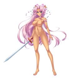 Rule 34 | 1girl, absurdres, barefoot, blue eyes, blush, breasts, completely nude, facial mark, forehead mark, full body, game cg, hair ornament, hair over shoulder, highres, hikage eiji, koihime musou, large breasts, long hair, nail polish, navel, nipples, no pussy, nude, official art, pink hair, shin koihime musou, smile, solo, sonsaku, sword, transparent background, weapon