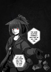 Rule 34 | 1girl, absurdres, animal ears, arknights, bad id, bad pixiv id, commentary, drawstring, english commentary, english text, gloves, greyscale, grin, headset, highres, hood, hooded jacket, ichi10art, jacket, jessica (arknights), looking at viewer, monochrome, ponytail, red eyes, shorts, smile, solo, spot color