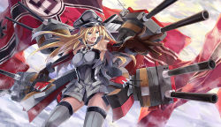Rule 34 | 10s, 1girl, armpits, bad id, bad pixiv id, bare shoulders, bismarck (kancolle), blonde hair, blue eyes, cannon, detached sleeves, elbow gloves, gloves, grey thighhighs, hat, kantai collection, long hair, military, military uniform, naval uniform, nazi, nazi flag, neko (yanshoujie), open mouth, outstretched arm, peaked cap, personification, sleeveless, solo, swastika, thighhighs, uniform, zettai ryouiki