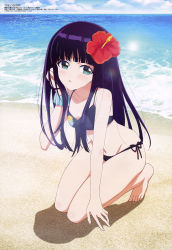 Rule 34 | 1girl, absurdres, adashino benio, adjusting hair, aqua eyes, arm support, barefoot, beach, bikini, black bikini, black hair, blunt bangs, blush, bracelet, breasts, clenched hand, cloud, d:, day, feet, floral print, flower, from side, full body, groin, hair flower, hair ornament, hand up, hibiscus, highres, jewelry, kawashima kumiko, kneeling, leaning forward, legs together, long hair, looking at viewer, magazine scan, megami magazine, navel, non-web source, ocean, official art, on ground, open mouth, outdoors, parted lips, print bikini, scan, shadow, side-tie bikini bottom, sidelocks, sky, small breasts, solo, sousei no onmyouji, swimsuit, thighs, tiptoes, very long hair, water