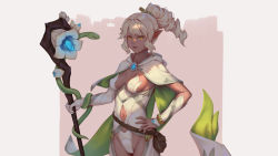 Rule 34 | 1girl, bigrbear, blonde hair, breasts, breasts apart, cameltoe, capelet, clothing cutout, dark elf, dark skin, dark-skinned female, detached sleeves, elbow gloves, elf, covered erect nipples, gloves, green capelet, hand on own hip, highres, holding, holding staff, leotard, medium breasts, multicolored capelet, navel, navel cutout, open pants, original, pants, parted lips, pink background, pointy ears, ponytail, pouch, single glove, smile, snake, solo, staff, upper body, white capelet, white gloves, white leotard, white pants