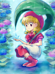 Rule 34 | 1990s (style), 1girl, akazukin chacha, blonde hair, boots, bow, brown eyes, catching, chacha (akazukin chacha), dress, flower, gradient background, hair tie, highres, hood, hydrangea, leaf umbrella, mimimix, plant, rain, red dress, red footwear, retro artstyle, rubber boots, solo, squatting, twintails