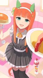 Rule 34 | 1girl, :d, absurdres, alternate costume, animal ears, black dress, blunt bangs, bow, bowtie, chisaku, commentary, dress, ear covers, food, green eyes, hairband, highres, hime cut, holding, holding food, horse ears, horse girl, long hair, looking at viewer, open mouth, orange hair, pancake, parfait, silence suzuka (umamusume), smile, solo, umamusume, white hairband, wrist cuffs, yellow bow, yellow bowtie