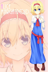 Rule 34 | 1girl, alice margatroid, ascot, blonde hair, blue eyes, capelet, character name, closed mouth, full body, hair ornament, hairband, hairpin, hand on own chest, solo, touhou, yuuki. (limit)