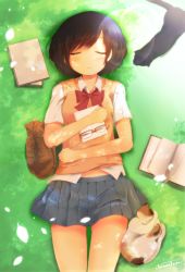 Rule 34 | 1girl, animal, artist name, black cat, blue skirt, blush, book, bow, bowtie, brown hair, calico, cat, closed eyes, closed mouth, collared shirt, cowboy shot, from above, glasses, grass, highres, holding, holding book, jovejun, lens flare, lying, on back, on ground, on side, open book, original, pleated skirt, red-framed eyewear, red bow, red bowtie, school uniform, shirt, short hair, short sleeves, skirt, smile, sweater vest, white shirt, wing collar