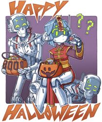 Rule 34 | 1girl, 2boys, ?, android, blue hair, cameron sewell, candy, china dress, chinese clothes, dress, english text, feet out of frame, food, halloween, happy halloween, highres, joulie (cameron sewell), multiple boys, original, pelvic curtain, robot, short hair, sitting