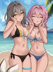 Rule 34 | 2girls, :q, ^ ^, bare arms, bare shoulders, bikini, blue sky, breasts, cleavage, closed eyes, cloud, commentary request, day, double v, grey hair, hair between eyes, hands up, highres, honkai: star rail, honkai (series), long hair, looking at viewer, march 7th (honkai: star rail), medium breasts, multiple girls, navel, ocean, parted lips, pink hair, sky, stelle (honkai: star rail), stomach, swimsuit, thigh strap, thighs, tongue, tongue out, trailblazer (honkai: star rail), v, vickie (cryingrobot), water, yellow eyes