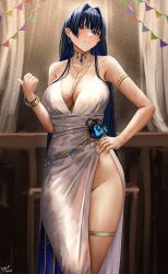 Rule 34 | 1girl, bare shoulders, blue eyes, blue hair, blush, breasts, cleavage, closed mouth, dress, earrings, hair intakes, highres, hololive, hololive english, jewelry, large breasts, long hair, looking at viewer, no panties, ouro kronii, solo, steb, thighs, virtual youtuber, white dress