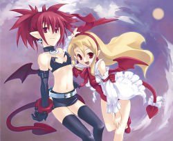 Rule 34 | 2girls, bat wings, blonde hair, bow, choker, demon girl, demon wings, detached sleeves, disgaea, elbow gloves, etna (disgaea), fallen angel, flat chest, flonne, flonne (fallen angel), gloves, kumako (poch4n), kumazm, leotard, long hair, midriff, multiple girls, navel, nippon ichi, pointy ears, red eyes, red hair, red leotard, ribbon, tail, tail bow, tail ornament, thighhighs, wings