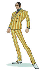 Rule 34 | 1boy, artist request, borsalino (kizaru), expressionless, facial hair, formal, full body, glasses, highres, one piece, pinstripe pattern, pinstripe suit, shoes, simple background, standing, striped, suit, sunglasses, white background, white footwear