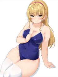 Rule 34 | 1girl, blonde hair, blush, breasts, cleavage, green eyes, hairband, hand on own chest, heanna sumire, large breasts, long hair, love live!, love live! superstar!!, one-piece swimsuit, plump, shinonon (iso shino), sitting, solo, swimsuit, thick thighs, thighhighs, thighs, white background, white thighhighs