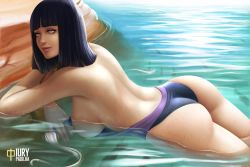 Rule 34 | 1girl, artist name, ass, back, black hair, breasts, commentary, commission, english commentary, fish, hyuuga hinata, iury padilha, large breasts, looking at viewer, lying, mature female, naruto, naruto (series), on stomach, partially submerged, purple eyes, red lips, smile, solo, swimsuit, topless, water, water drop