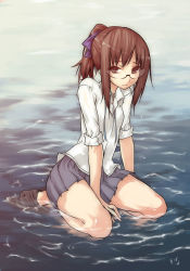 Rule 34 | 1girl, black legwear, brown eyes, brown hair, glasses, hair ribbon, looking at viewer, original, partially submerged, pleated skirt, ponytail, ribbon, rokuno, seiza, sidelocks, sitting, skirt, sleeves rolled up, solo, water, wet, wet clothes