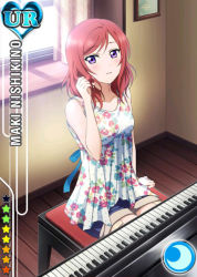 Rule 34 | 10s, 1girl, blouse, blush, card (medium), character name, crescent, curtains, dress, floral print, instrument, looking at viewer, love live!, love live! school idol festival, love live! school idol project, nishikino maki, official art, parted lips, piano, picture frame, print dress, purple eyes, red hair, ruffling hair, shirt, shorts, solo, stool, thighhighs, window