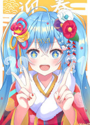 Rule 34 | 1girl, 2021, :d, ahoge, blue eyes, blue hair, blush, colorful, crossed bangs, dot nose, egasumi, floral print, flower, fur-trimmed kimono, fur trim, hair between eyes, hair flower, hair ornament, hair ribbon, hatsune miku, index finger raised, japanese clothes, kanzashi, kimono, long hair, looking at viewer, nail polish, new year, noneon319, open mouth, pillarboxed, print kimono, purple flower, raised eyebrows, red flower, red kimono, red nails, ribbon, seigaiha, sidelocks, signature, smile, solo, star-shaped pupils, star (symbol), straight-on, symbol-shaped pupils, twintails, upper body, v, vocaloid, white flower