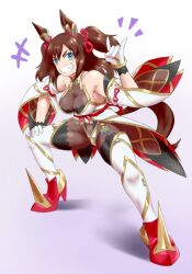 Rule 34 | 1girl, alternate costume, animal ears, aozame takao, aqua eyes, bare shoulders, bodystocking, bodysuit, breasts, brown hair, cleavage, cosplay, detached sleeves, fang, fox shadow puppet, grin, high heels, horse ears, inari one (fields of gold) (umamusume), inari one (umamusume), medium breasts, medium hair, nia (blade) (xenoblade), nia (blade) (xenoblade) (cosplay), nia (xenoblade), pantyhose, see-through, see-through cleavage, skin tight, smile, solo, thighhighs, umamusume, xenoblade chronicles (series), xenoblade chronicles 2