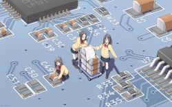 Rule 34 | 3girls, absurdres, bad id, bad pixiv id, black hair, black pantyhose, black socks, blue eyes, blue skirt, blue socks, blue theme, bow, bowtie, brown footwear, brown hair, circuit board, electronics engineering, female focus, full body, highres, holding, holding paper, kneehighs, leaning forward, leaning on object, light brown hair, loafers, microchip, mini person, minigirl, miniskirt, multiple girls, numbers, original, pantyhose, paper, parted bangs, plaid, plaid skirt, platform truck, pleated skirt, pointing, red bow, red bowtie, school uniform, shapoco, shoes, skirt, smile, socks, squatting, sweater, twitter username, uniform, wallpaper, wide shot, yellow sweater