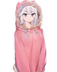 Rule 34 | 1girl, blue eyes, breasts, commentary, english commentary, eyebrows hidden by hair, frown, fur trim, hood, hoodie, looking at viewer, medium breasts, neonbeat, pink hoodie, pointy ears, second-party source, solo, transparent background, v-shaped eyebrows, vei (vtuber), vei (vtuber) (1st costume), virtual youtuber, vshojo, white hair