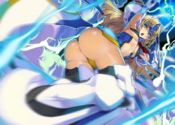 Rule 34 | 1girl, :o, akaga hirotaka, arm up, armor, armpits, ass, blazblue, blonde hair, blue eyes, blurry, breasts, c-string, center opening, chestnut mouth, dutch angle, elbow gloves, electricity, floating hair, forehead protector, from below, gloves, glowing, greaves, long hair, mecha musume, mechanical wings, motion blur, mu-12, navel, neon trim, official art, open mouth, parted bangs, robot ears, small breasts, smoke, solo, strapless bottom, thighhighs, thong, underboob, very long hair, weapon, wings