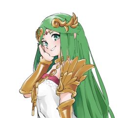 Rule 34 | 1girl, aqua eyes, armlet, bracer, circlet, green hair, grin, hand on own cheek, hand on own face, hand up, jewelry, kid icarus, long hair, looking at viewer, neck ring, necklace, nintendo, nishikuromori, palutena, parted bangs, simple background, smile, solo, straight hair, strapless, swept bangs, upper body, very long hair, white background