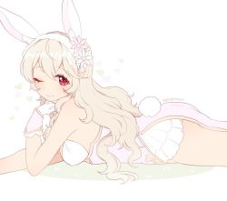 Rule 34 | 1girl, animal ears, bad id, bad twitter id, closed mouth, corrin (female) (fire emblem), corrin (fire emblem), fake animal ears, fake tail, fire emblem, fire emblem fates, fire emblem heroes, from side, gloves, heart, long hair, looking to the side, lying, nintendo, on stomach, one eye closed, plushcharm, pointy ears, rabbit ears, rabbit tail, red eyes, simple background, smile, solo, tail, twitter username, white background, white gloves, white hair