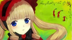 Rule 34 | 1girl, blonde hair, blue eyes, blush, bonnet, bow, crossover, doll, dress, drill hair, flower, green background, long hair, looking at viewer, nintendo, pikmin (creature), pikmin (series), red dress, ribbon, rose, rozen maiden, shinku, twintails