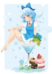 Rule 34 | 1girl, bad id, bad pixiv id, bare legs, barefoot, berry jou, blue dress, blue eyes, blue hair, blue skirt, blush, bow, cake, cirno, cocktail glass, cup, dress, drinking glass, food, fruit, hair bow, in container, lemon, matching hair/eyes, mini person, minigirl, mundane utility, shirt, short hair, sitting, skirt, smile, solo, strawberry, touhou, wings
