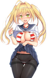 Rule 34 | 10s, 1girl, ahoge, bead bracelet, beads, bikini, bikini under clothes, black pantyhose, blonde hair, blue sailor collar, blue skirt, blush, bracelet, breasts, cleavage, clothes lift, collarbone, criss-cross halter, earrings, fate/extra, fate/grand order, fate (series), gluteal fold, green eyes, hair between eyes, hair intakes, halterneck, hand up, highres, hip focus, jewelry, large breasts, long hair, looking at viewer, navel, nero claudius (fate), nero claudius (fate) (all), nero claudius (swimsuit caster) (fate), open mouth, pantyhose, pantyhose over swimsuit, pleated skirt, red bikini, sailor collar, sailor shirt, shirt, shirt lift, simple background, skirt, skirt lift, smile, solo, standing, striped bikini, striped clothes, swimsuit, thigh gap, thighband pantyhose, thighs, twintails, unaligned breasts, untue, white background