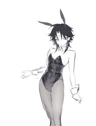 Rule 34 | 1boy, animal ears, black hair, black leotard, closed mouth, covered navel, doupu41, expressionless, facial mark, feet out of frame, forehead mark, genshin impact, green hair, greyscale, highres, leotard, male focus, male playboy bunny, monochrome, multicolored hair, pantyhose, rabbit ears, shiny clothes, shiny leotard, solo, spot color, strapless, strapless leotard, two-tone hair, white wrist cuffs, wrist cuffs, xiao (genshin impact)