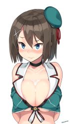Rule 34 | 10s, 1girl, areola slip, bare shoulders, blue eyes, blush, breasts, brown hair, choker, cleavage, collarbone, condensed milk, covered erect nipples, hair between eyes, hair ornament, hairclip, hands on breasts, hat, highres, kantai collection, kuro chairo no neko, large breasts, looking to the side, maya (kancolle), maya kai ni (kancolle), sexually suggestive, short hair, simple background, sleeveless, solo, suggestive fluid, twitter username, upper body, white background, x hair ornament