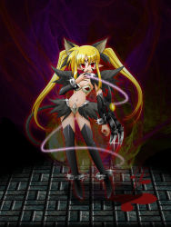 Rule 34 | 00s, 1girl, alternate color, alternate costume, alternate weapon, animal ears, blonde hair, claws, dark persona, detached sleeves, fate testarossa, long hair, lyrical nanoha, mahou shoujo lyrical nanoha, midriff, non-web source, pointy ears, red eyes, solo, thighhighs, twintails, weapon
