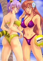 Rule 34 | 2girls, animal ears, annon (wtvt), ayane (doa), ball, beach, bikini, breasts, cleavage, copyright name, dead or alive, dead or alive xtreme beach volleyball, highres, holding, holding ball, kasumi (doa), large breasts, long hair, multiple girls, ocean, orange eyes, orange hair, pink eyes, purple bikini, purple hair, short hair, siblings, sisters, smile, swimsuit, tail, tecmo, volleyball (object), yellow bikini