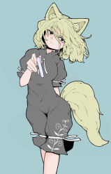 Rule 34 | 1girl, alternate color, animal ears, black eyes, blonde hair, blue background, bow, breasts, closed mouth, commentary request, eyelashes, eyes visible through hair, fe (tetsu), fox ears, fox tail, grey romper, hair between eyes, hand up, highres, kudamaki tsukasa, leaf, leaf print, looking away, medium breasts, plant, plant print, puffy short sleeves, puffy sleeves, ribbon, romper, short hair, short sleeves, simple background, solo, standing, tail, test tube, touhou, white bow, white ribbon
