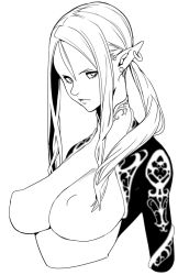 Rule 34 | 1girl, breasts, breasts out, character request, cropped torso, earrings, elf, female focus, greyscale, jewelry, lips, long hair, looking to the side, monochrome, nipple slip, nipples, pointy ears, solo, velzhe