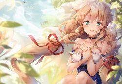 Rule 34 | 1girl, absurdres, ahoge, azur lane, bare shoulders, blonde hair, blush, braid, breasts, collar, collarbone, cross, day, green eyes, hands up, highres, huge filesize, jewelry, le temeraire (azur lane), looking at viewer, medium breasts, necklace, open mouth, outdoors, riichu, ring, scan, see-through, sitting, smile, solo, twin braids