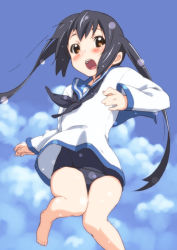 Rule 34 | 1girl, barefoot, black hair, blush, brown eyes, cloud, cosplay, day, errant, k-on!, long hair, miyafuji yoshika, miyafuji yoshika (cosplay), nakano azusa, open mouth, round teeth, school swimsuit, school uniform, serafuku, sky, solo, strike witches, swimsuit, swimsuit under clothes, teeth, twintails, world witches series