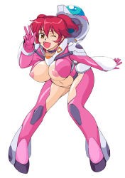 Rule 34 | 00s, 1girl, bent over, bodysuit, breasts, brown eyes, center opening, freckles, gloves, gundam, gundam 00, helmet, highres, large breasts, muimui, nena trinity, nipple slip, nipples, no panties, one eye closed, open mouth, pink gloves, pink thighhighs, pregnant, red hair, revealing clothes, simple background, skin tight, smile, solo, thighhighs, two side up, v, wink