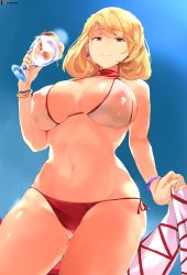 Rule 34 | 1girl, absurdres, azur lane, bikini, blonde hair, blue sky, blush, bracelet, braid, breasts, cafekun, choker, collarbone, commentary request, covered erect nipples, cowboy shot, crown braid, cup, day, earrings, flower, french braid, from below, highres, holding, holding cup, holding towel, jewelry, large breasts, looking at viewer, outdoors, prince of wales (azur lane), prince of wales (sun shining upon windsor) (azur lane), red eyes, short hair, sky, smile, solo, swimsuit, thighs, towel