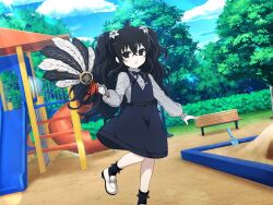 Rule 34 | 1girl, aged down, ankle socks, april fools, bench, black bow, black bowtie, black eyes, black hair, black socks, bow, bowtie, child, cloud, cloudy sky, day, dress, feather fan, flower, fubuki (senran kagura), hair flower, hair ornament, hand fan, holding, holding fan, jungle gym, light blush, long hair, long sleeves, official alternate costume, official art, open mouth, pale skin, park, park bench, playground, sandbox, senran kagura, senran kagura new link, shirt, shovel, sky, smile, socks, solo, striped clothes, striped shirt, sunlight, tree, twintails, wavy hair, white flower, white footwear, white lily