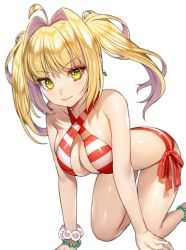 Rule 34 | 1girl, ahoge, all fours, arched back, bead bracelet, beads, bikini, bracelet, breasts, cleavage, closed mouth, collarbone, earrings, fate/grand order, fate (series), green eyes, hair intakes, halterneck, jewelry, large breasts, long hair, looking at viewer, nero claudius (fate), nero claudius (fate) (all), nero claudius (swimsuit caster) (fate), red bikini, ruhee, side-tie bikini bottom, simple background, solo, striped bikini, striped clothes, swimsuit, tsurime, twintails, white background