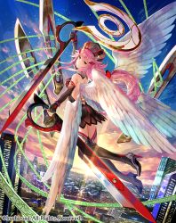 Rule 34 | 1girl, angel wings, backless dress, backless outfit, black dress, black footwear, black hat, black thighhighs, boots, bushiroad, character name, dress, feathered wings, fuzichoco, halo, hat, high heel boots, high heels, holding, holding scissors, long hair, looking at viewer, low ponytail, pink hair, scissors, sky, skyline, solo, star (sky), starry sky, sunset, thigh boots, thighhighs, watermark, weapon, wings