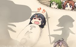 Rule 34 | !?, 4girls, ahoge, aoba (kancolle), black hair, brown hair, character request, commentary, crescent, crescent hair ornament, dated, dinosaur, fate (series), gae bolg (fate), green eyes, green hair, hair flaps, hair ornament, hair ribbon, hamu koutarou, harukaze (kancolle), hiding, highres, kagerou (kancolle), kantai collection, long hair, multiple girls, nagatsuki (kancolle), nishikitaitei-chan, polearm, purple eyes, red eyes, remodel (kantai collection), ribbon, sand, shadow, short hair, spear, sweat, nervous sweating, takao (kancolle), twintails, weapon, white ribbon