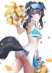 Rule 34 | 1girl, animal ears, ass, aya (lezon), bare arms, bare shoulders, black hair, black tail, blue archive, blue eyes, blush, breasts, bright pupils, cheerleader, cleavage, collar, commentary request, confetti, cowboy shot, criss-cross halter, crop top, dog ears, dog girl, dog tail, eyewear on head, gloves, halo, halterneck, hibiki (blue archive), hibiki (cheer squad) (blue archive), highres, holding, holding pom poms, long hair, looking at viewer, medium breasts, midriff, millennium cheerleader outfit (blue archive), official alternate costume, paid reward available, panties, parted lips, pom pom (cheerleading), pom poms, ponytail, raised eyebrows, sidelocks, simple background, skirt, solo, star sticker, sticker on face, sweat, tail, text print, thighs, underwear, wavy mouth, wedgie, white background, white collar, white gloves, white pupils